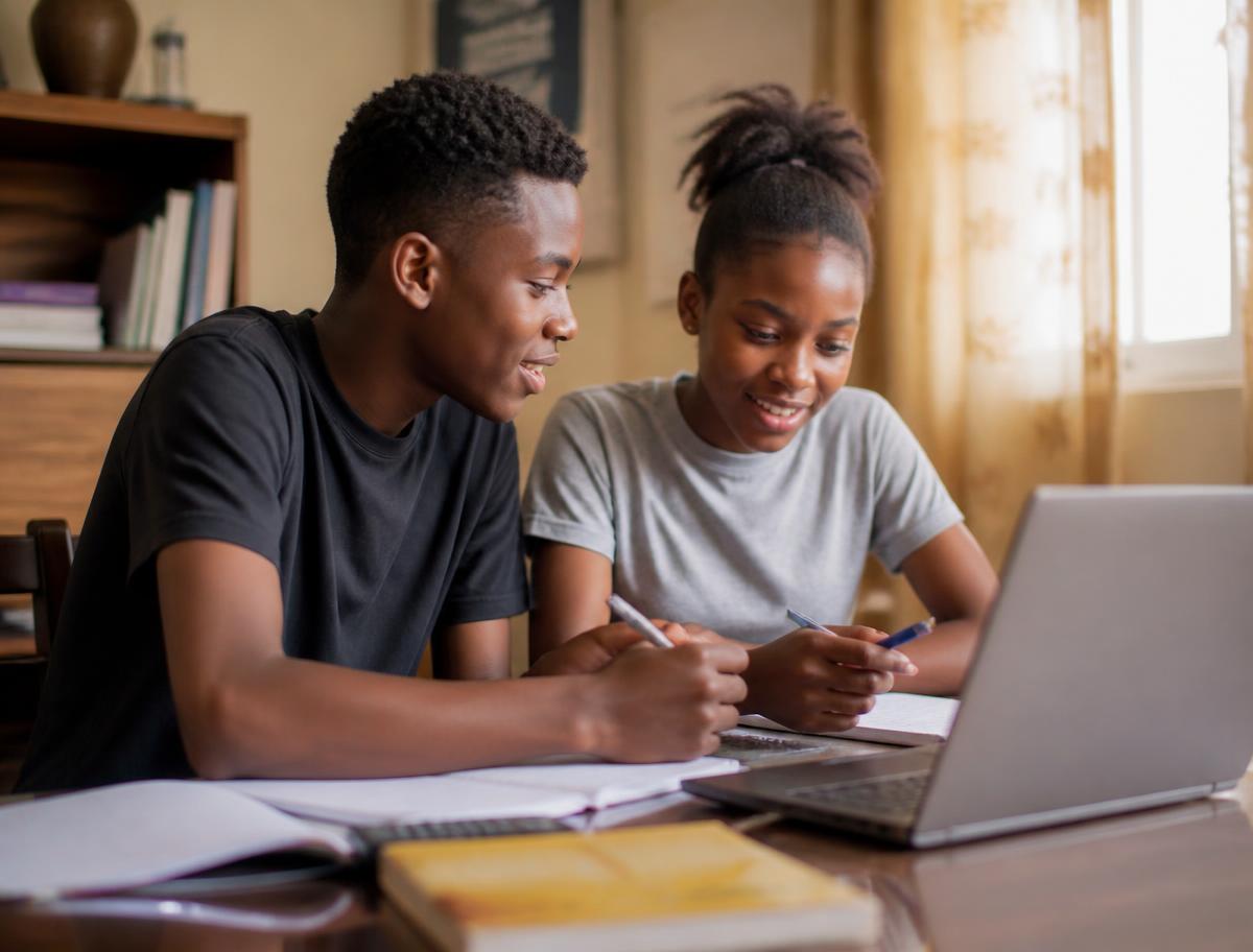 Two students revising together with a laptop and notebooks